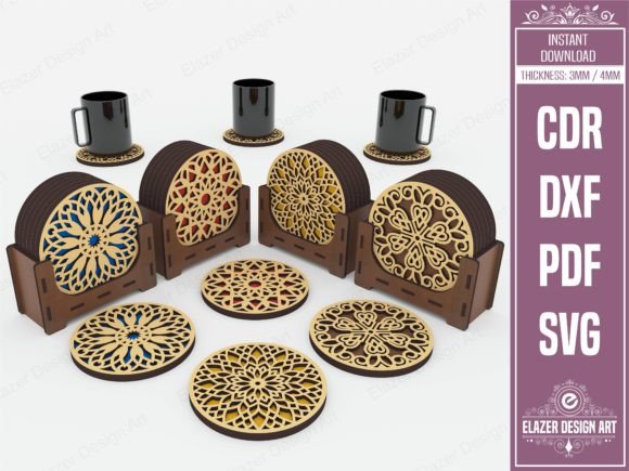 4 Decorative Pattern Boxed Coasters: Laser Cut Organizers