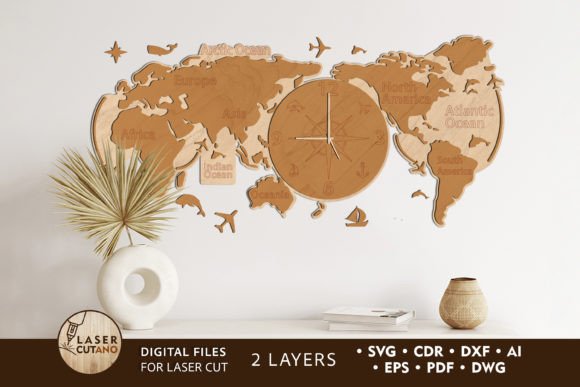 Clock World Map Wooden Wall Art: Laser Cutting Decor