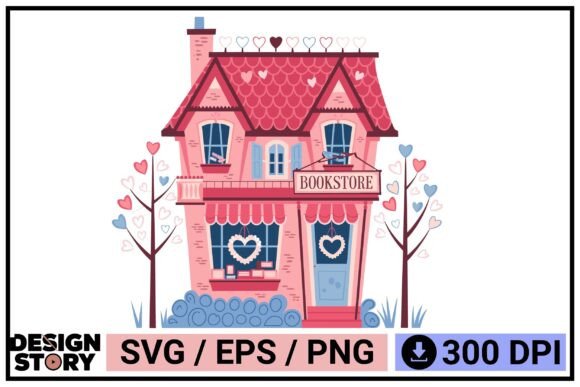 Valentine Whimsical Bookstore Cottage Graphics & Illustrations